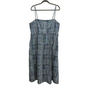 J Crew Patchwork Midi Dress Blue White Plaid Smocked Sundress Boho Womens 16
